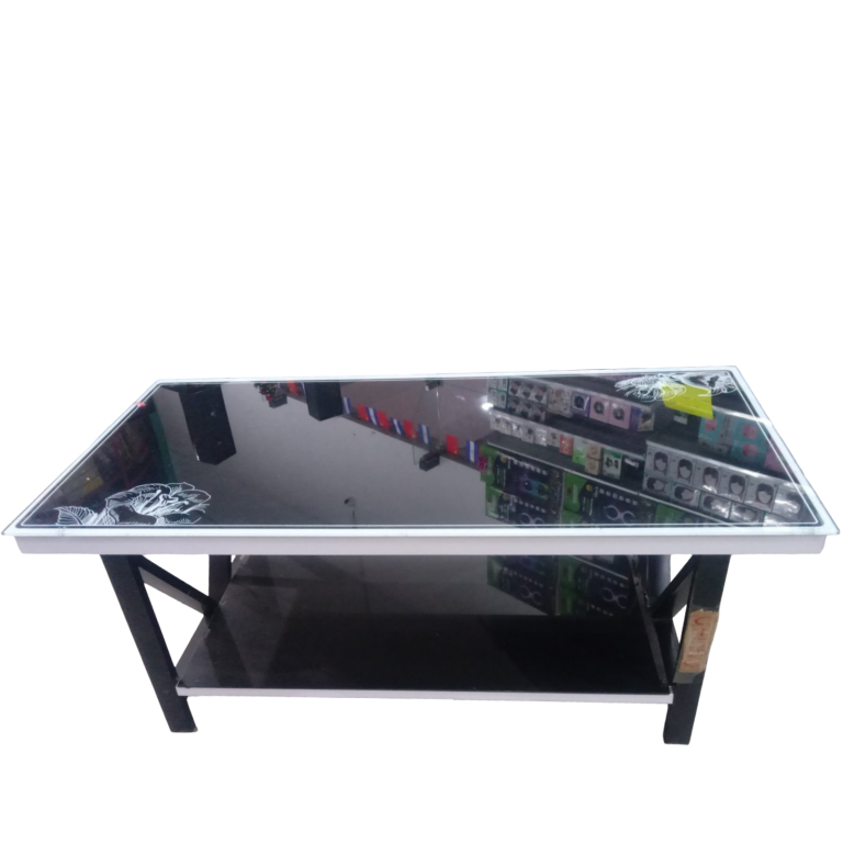 Mesita centro de sala de vidrio temperado color negro con blanco.