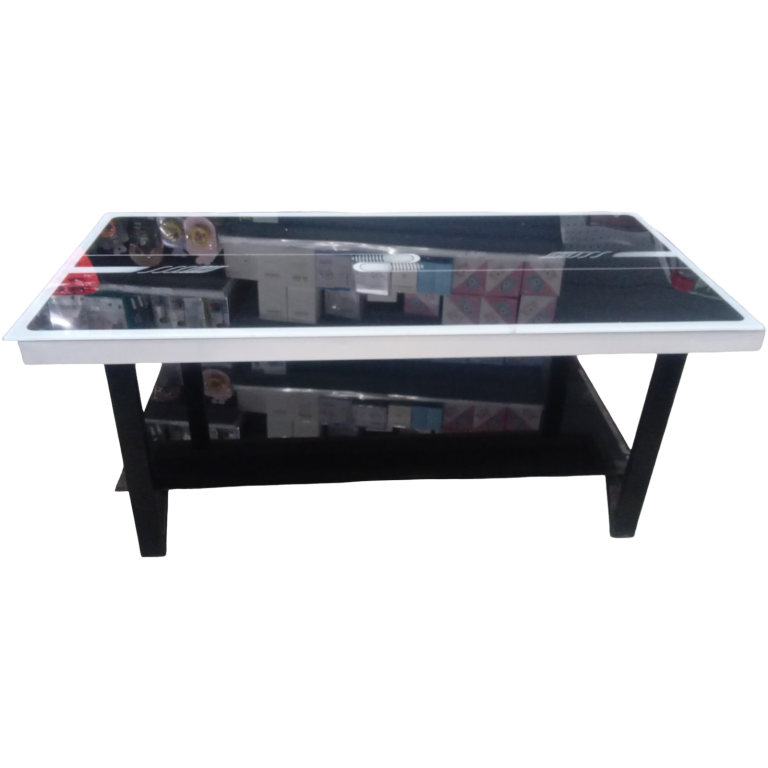 Mesita centro de sala de vidrio temperado color negro con blanco.