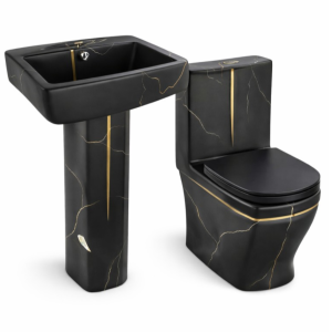 Combo de baño negro moderno: Lavamanos con pedestal + Inodoro