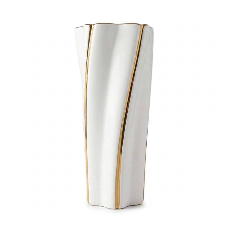 Jarrón Ondulado Blanco y Oro