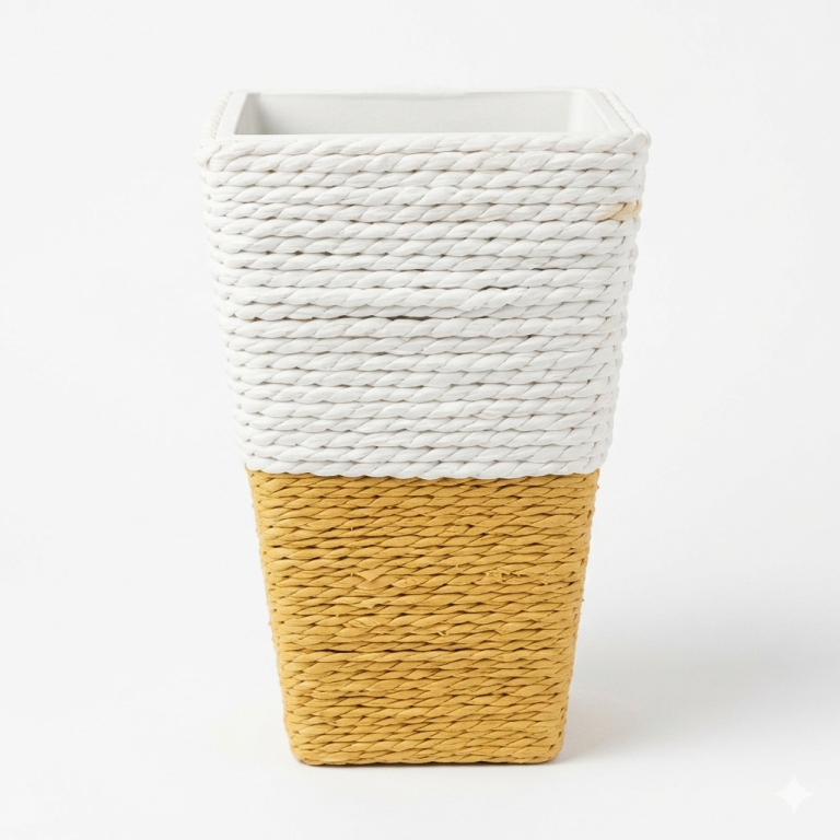 Jarrón Cuadrado de Fibras Naturales Mostaza