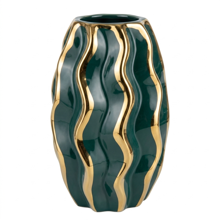 Jarrón Ondulado Verde Bosque y Oro