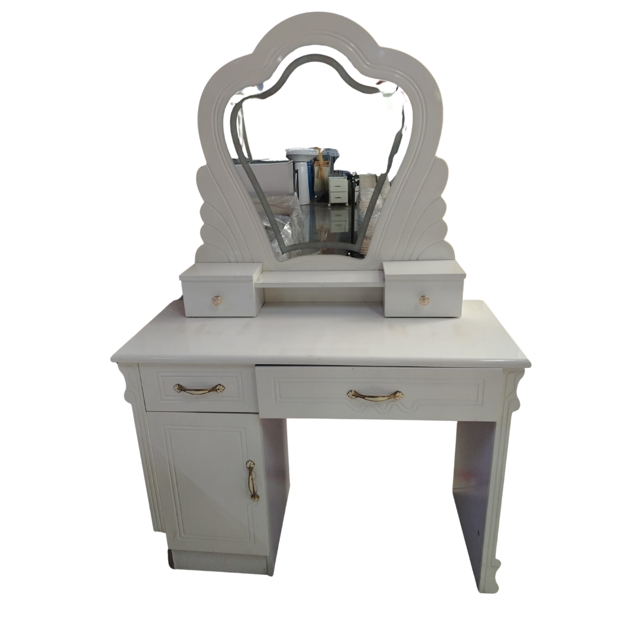 Tocador Clásico Blanco con Espejo Decorativo y Compartimentos Laterales