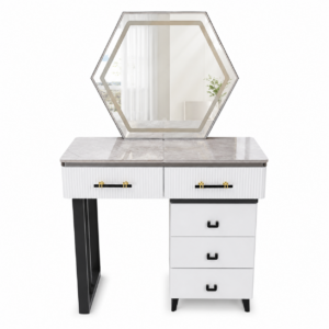 Tocador Moderno Blanco con Espejo Hexagonal y Cajonera de 3 Gavetas