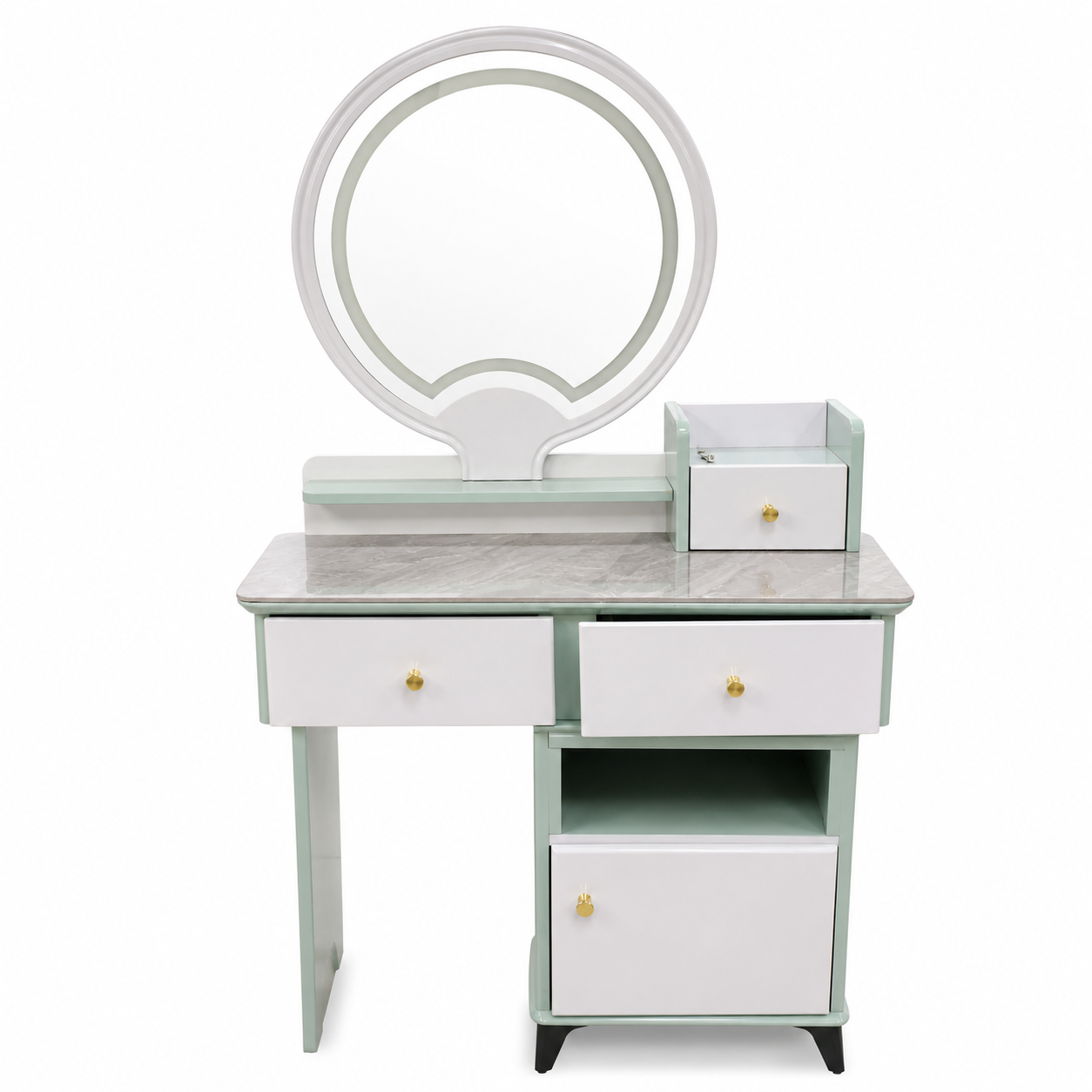 Tocador Moderno Blanco y Verde Menta con Espejo Circular y Organizador