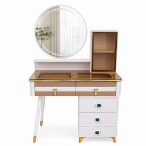 Tocador Moderno Blanco con Espejo Circular y Vitrina Lateral