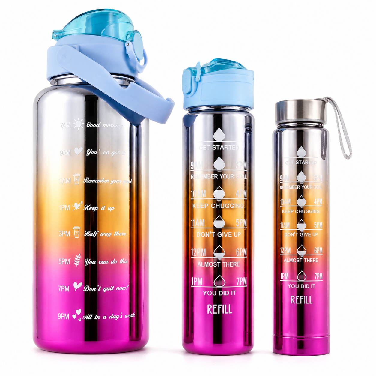 Set de Botellas Deportivas Degradado con Marcador de Hidratación – 3 Piezas