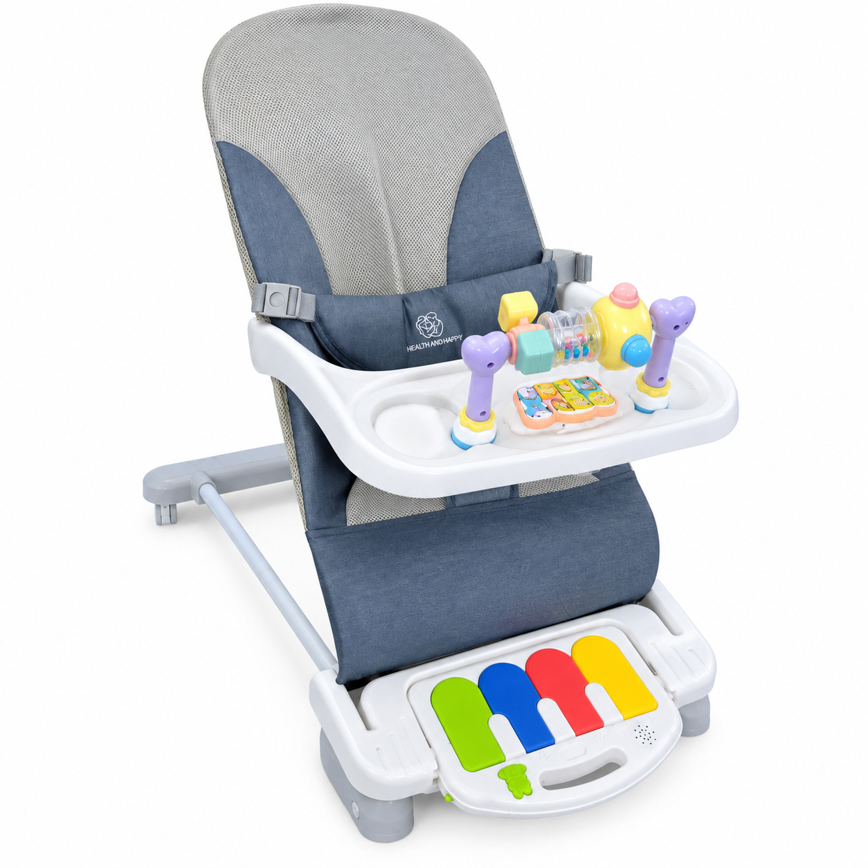 Mecedora / silla vibradora reclinable para bebé con bandeja de juegos y piano musical