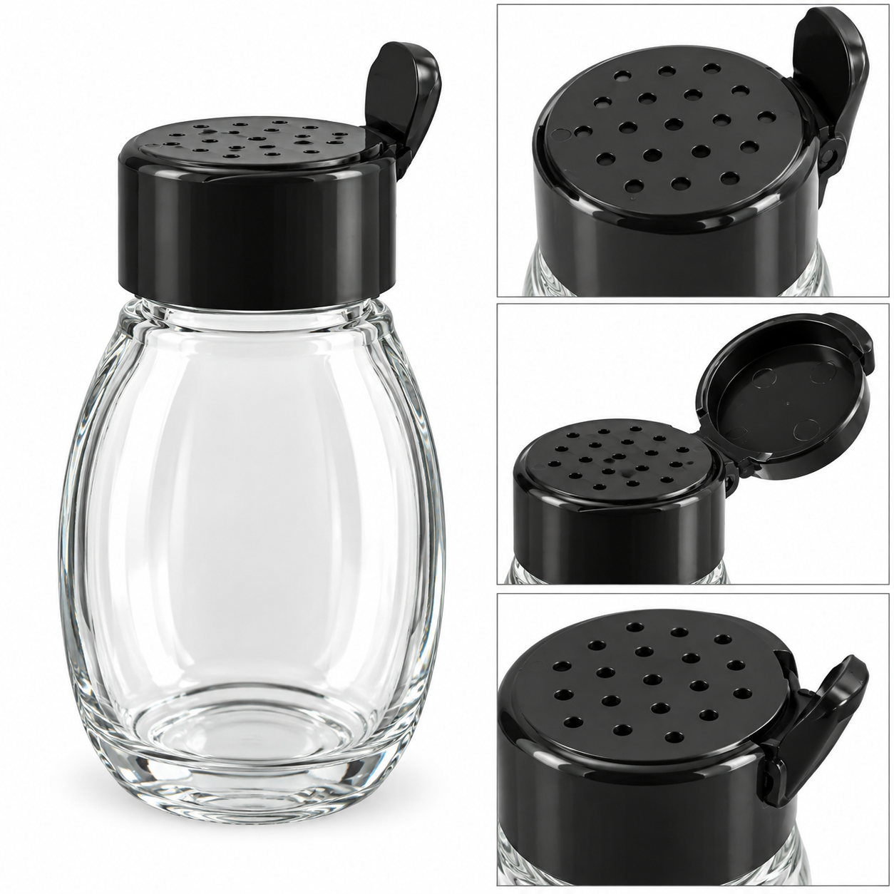 Salero de vidrio con tapa negra