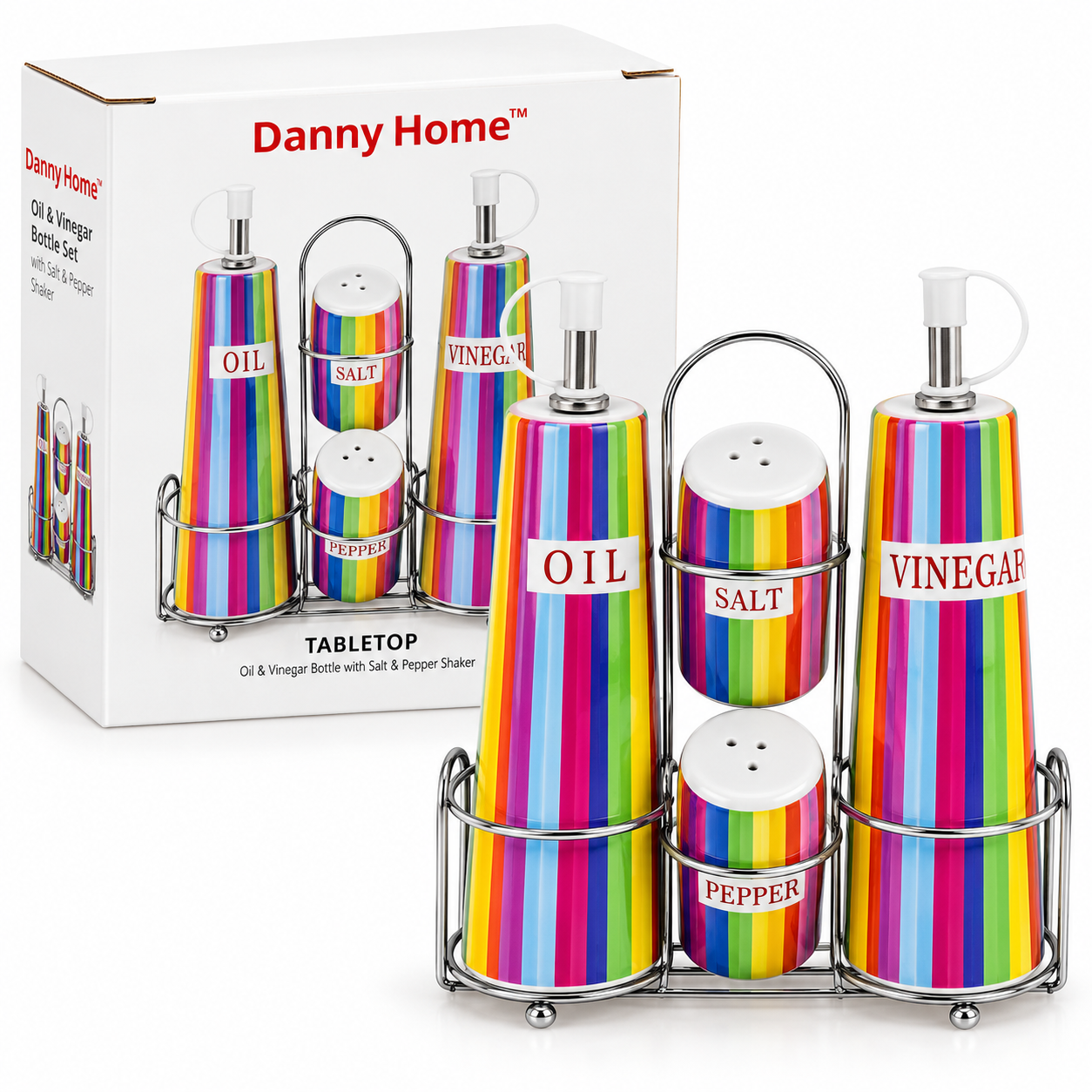 Set de aceitera, vinagrera, salero y pimentero – rayas de colores