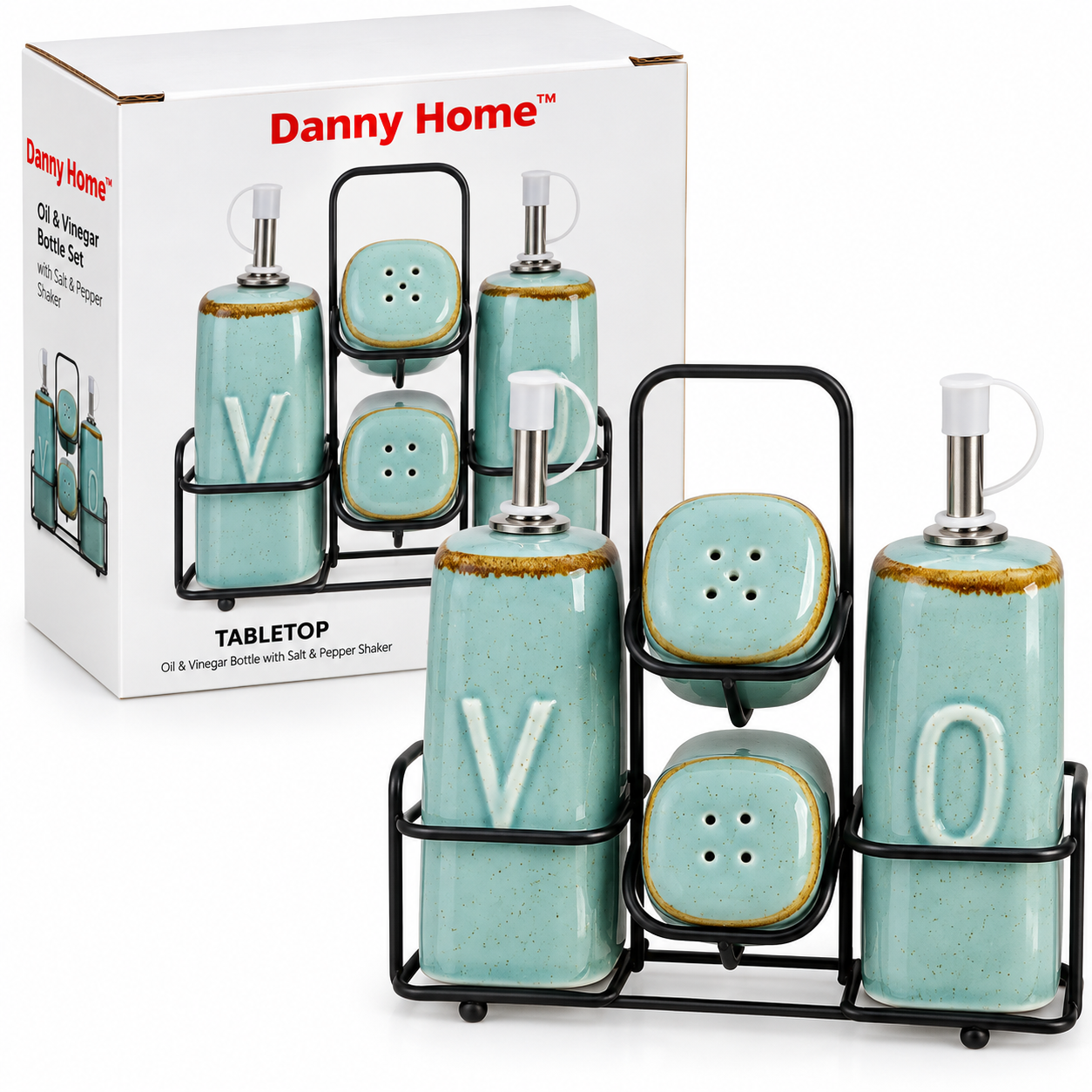 Set de aceitera, vinagrera, salero y pimentero – turquesa
