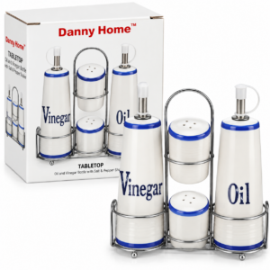 Set de aceitera, vinagrera, salero y pimentero – blanco con azul