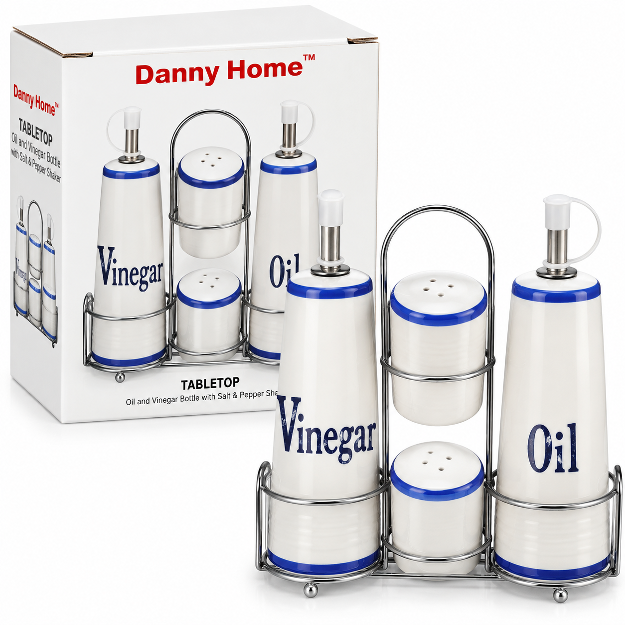 Set de aceitera, vinagrera, salero y pimentero – blanco con azul