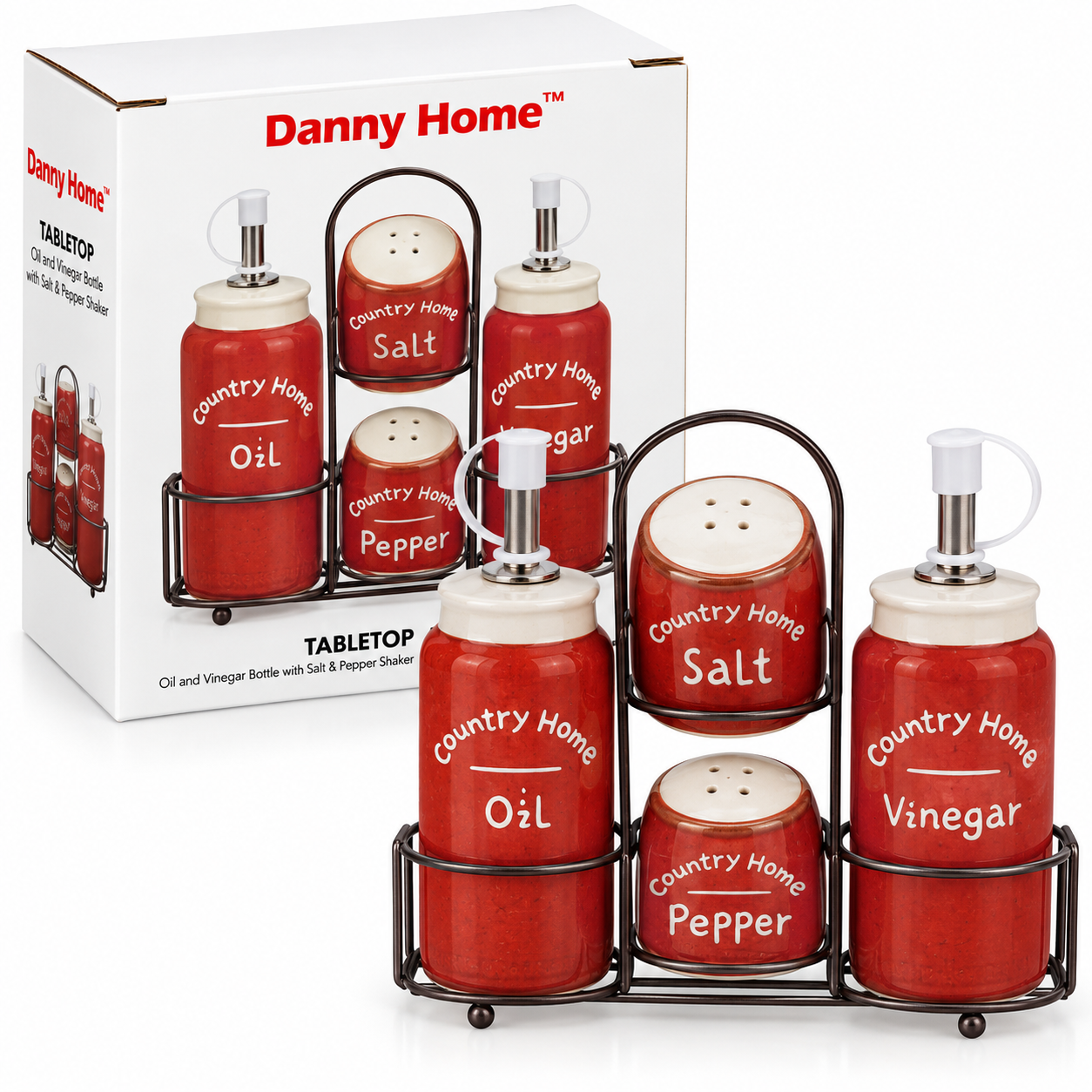 Set de aceitera, vinagrera, salero y pimentero – rojo campestre