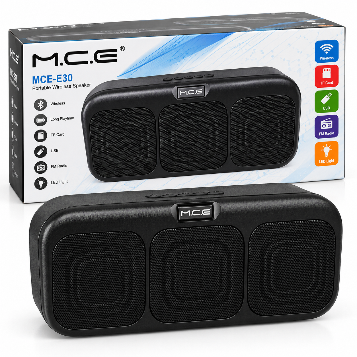 Parlante Bluetooth Portátil MCE-E30 con Radio FM, USB, Tarjeta TF y Entrada AUX