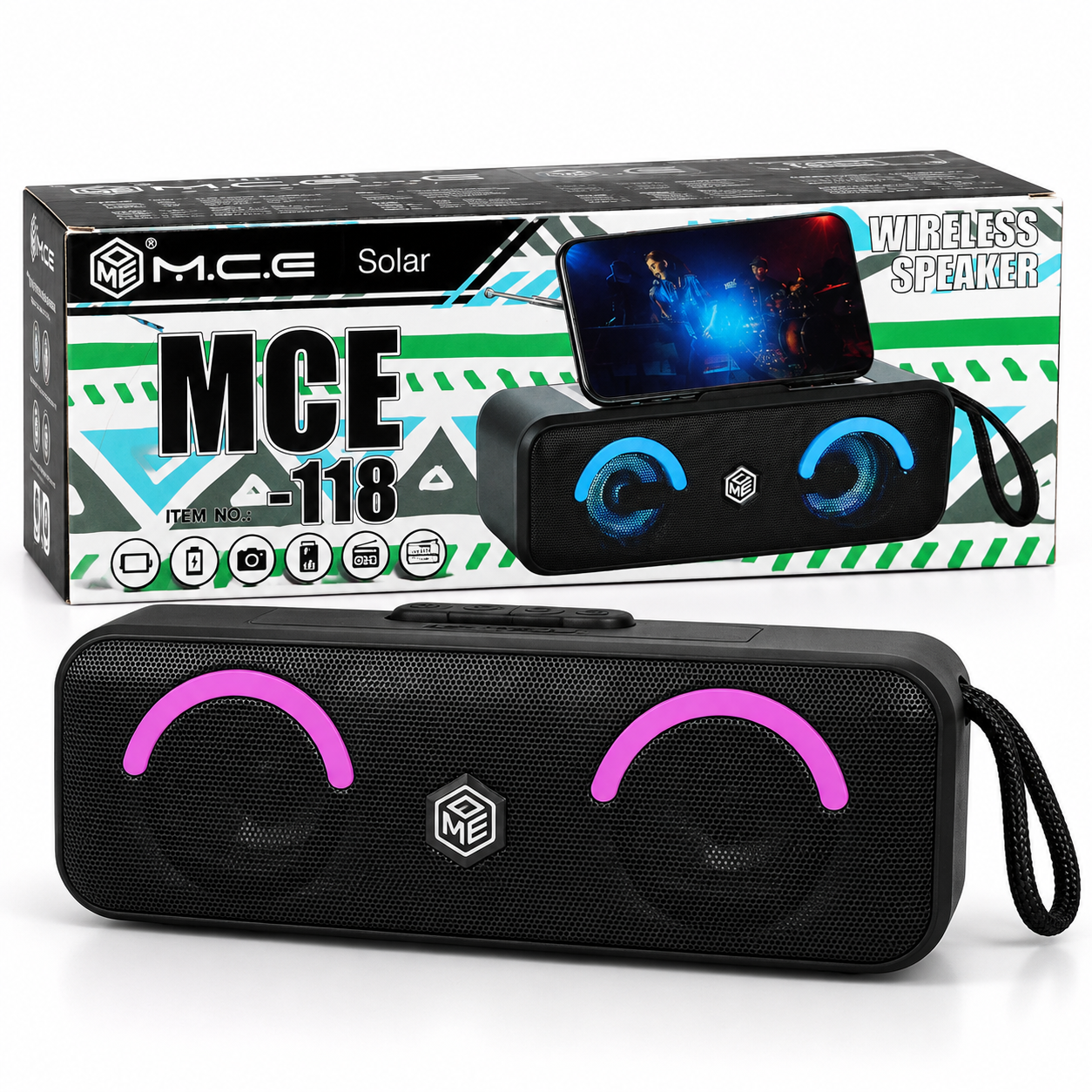Parlante Bluetooth Solar Portátil M.C.E MCE-118 con Radio FM, USB, MicroSD y Soporte para Celular