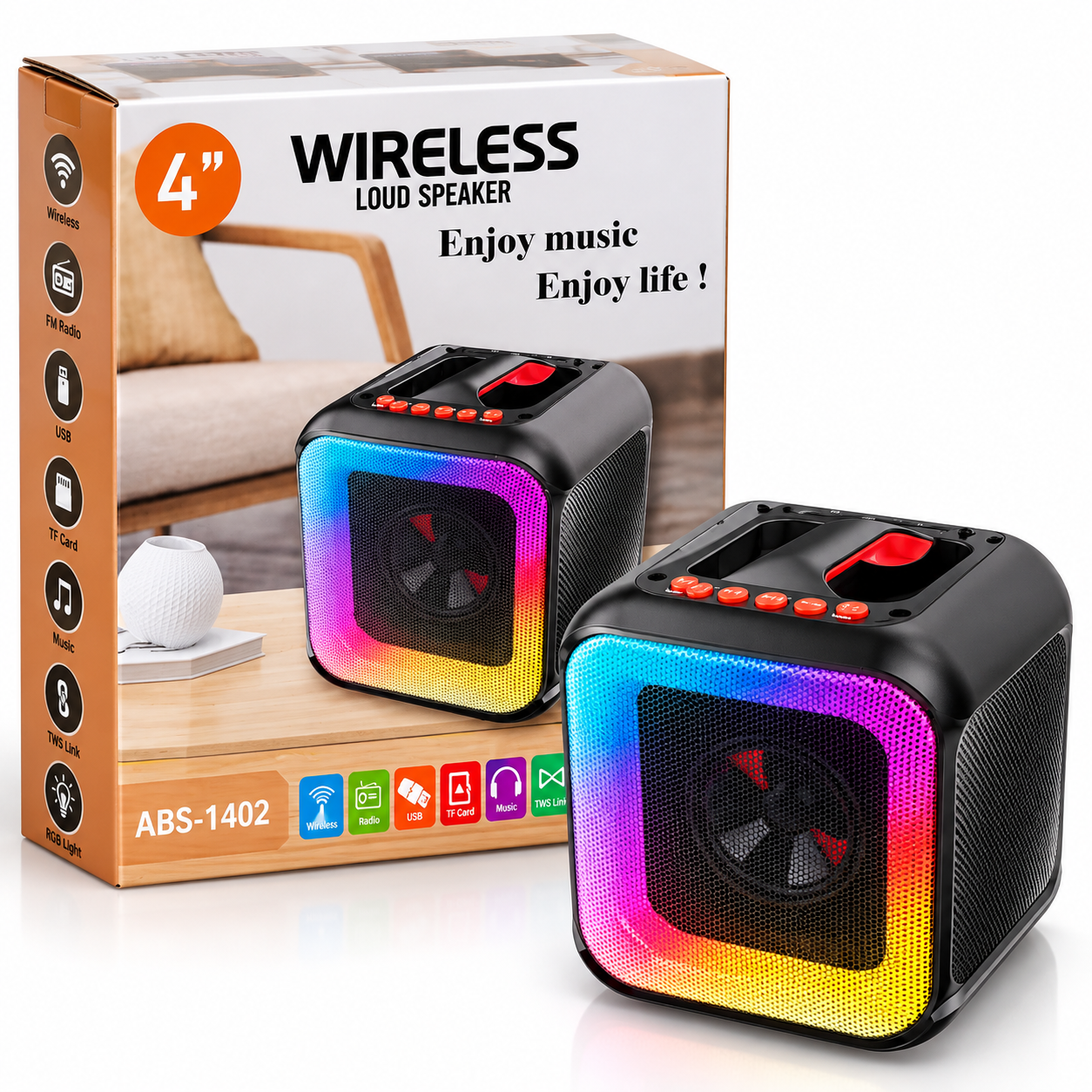 Parlante Bluetooth Portátil ABS-1402 de 4" con Luz RGB, Radio FM, USB, MicroSD y TWS