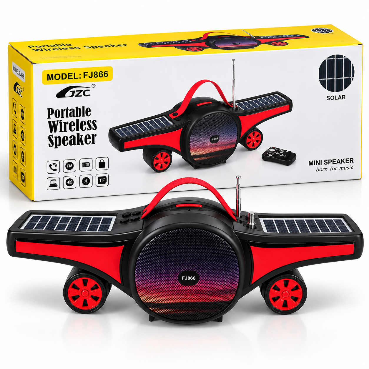Parlante Bluetooth Solar Portátil FJ866 con Radio FM, USB, AUX y Tarjeta TF