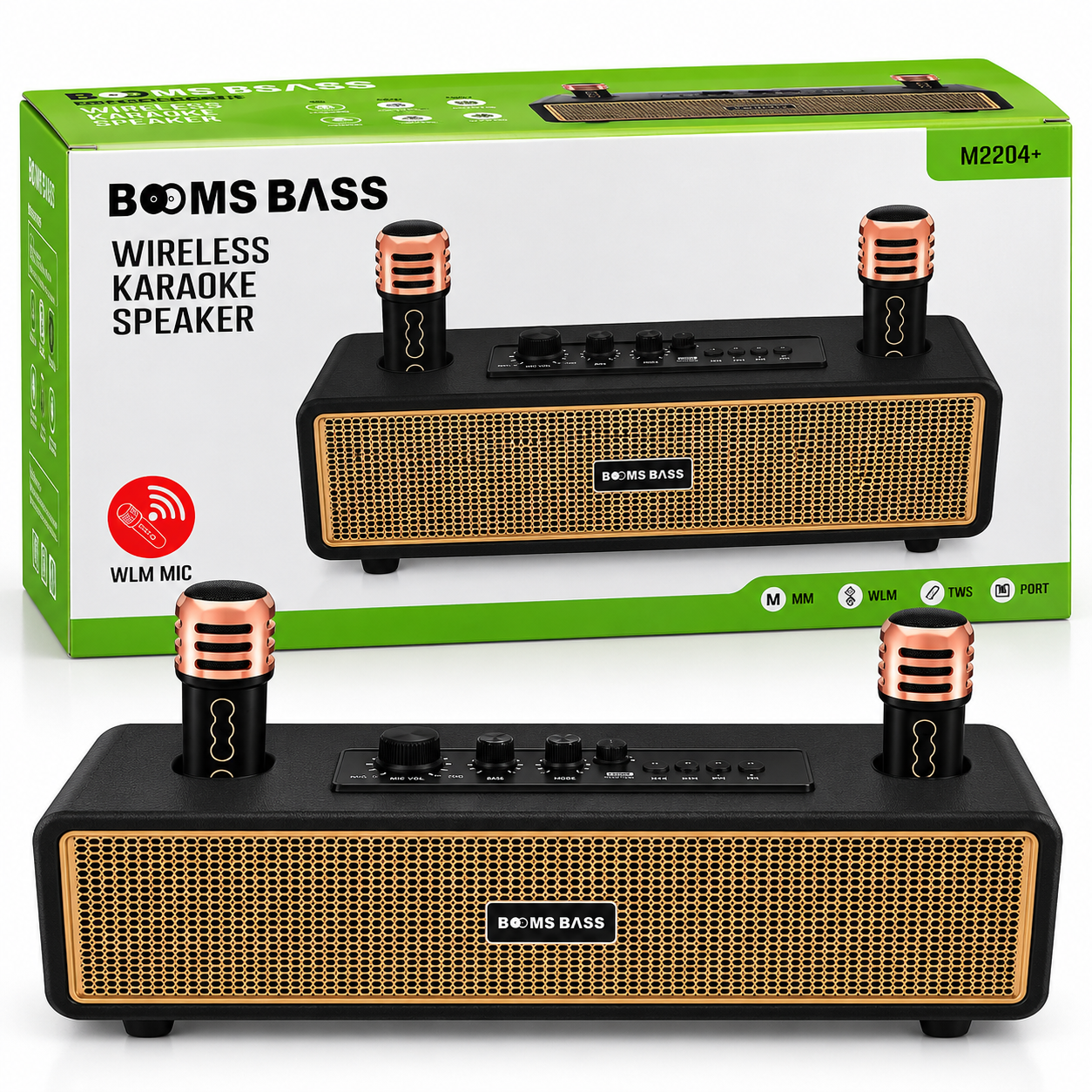 Parlante Karaoke Bluetooth BOOMS BASS M2204+ con 2 Micrófonos Inalámbricos, USB, MicroSD, FM y TWS