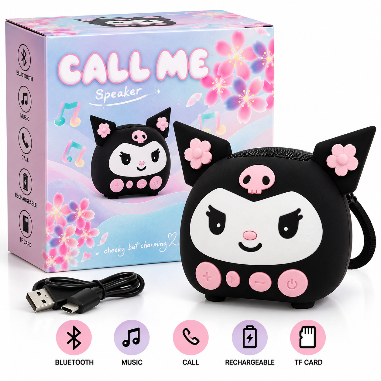Parlante Bluetooth Portátil Kuromi “Call Me” con Radio FM, Tarjeta TF y Micrófono Integrado