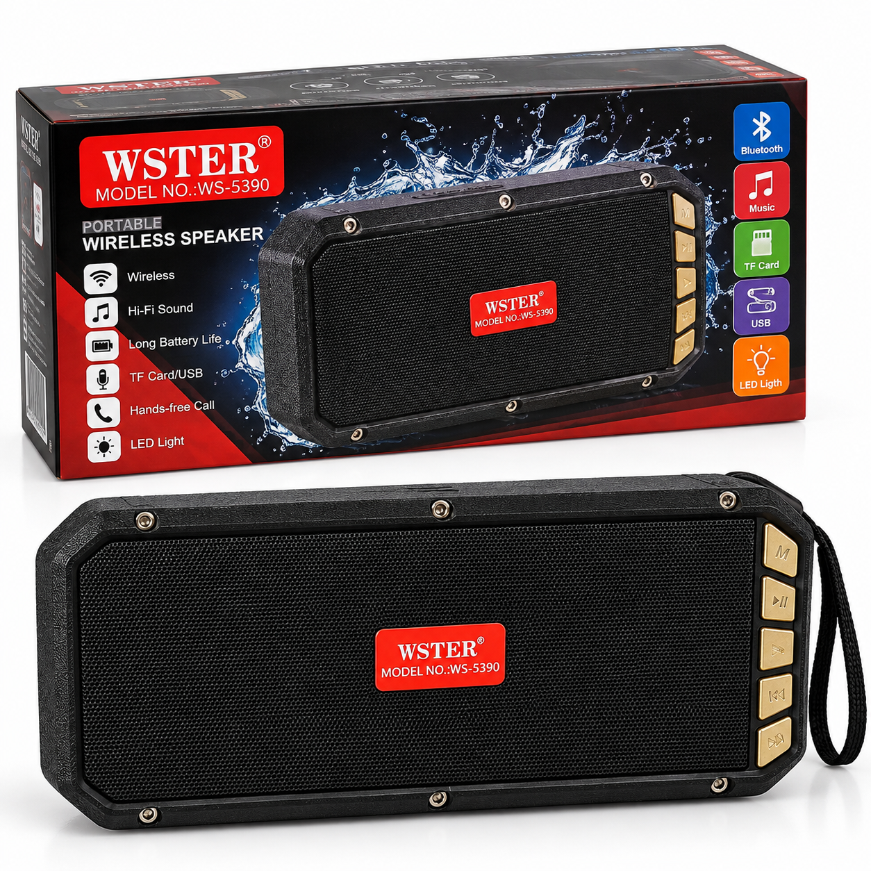 Parlante Bluetooth Solar WSTER WS-5390 con Radio FM, USB, Tarjeta TF, TWS y Linterna