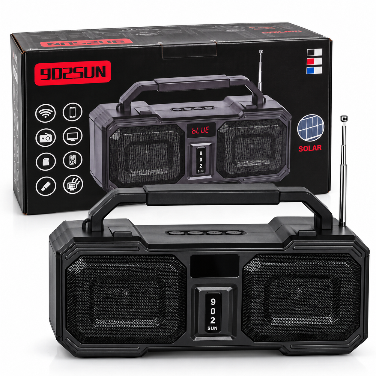 Parlante Solar Inalámbrico Portátil 902SUN con Radio FM, USB y Tarjeta de Memoria