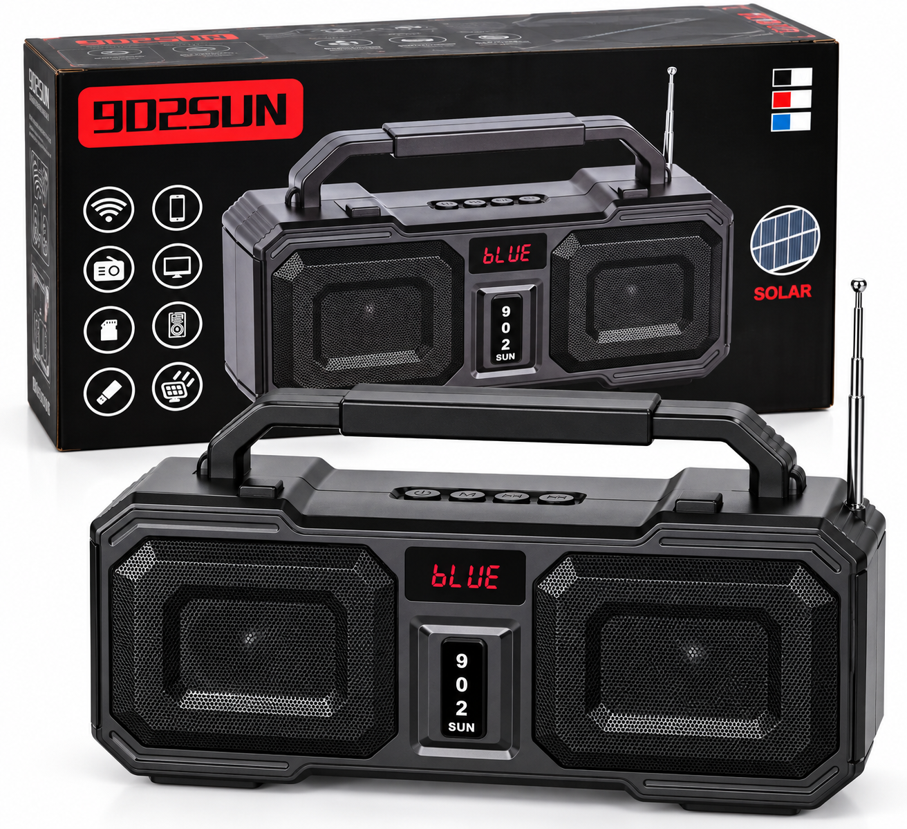 Parlante Solar Bluetooth Portátil 902SUN con Radio FM, USB y Tarjeta de Memoria
