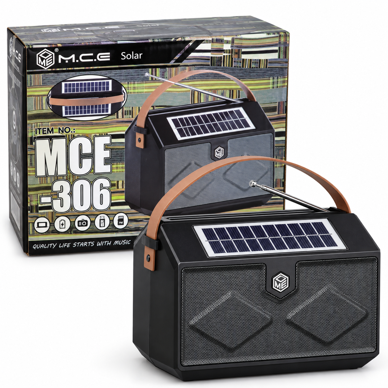 Parlante Solar Portátil MCE-306 con Radio FM, USB y Tarjeta de Memoria