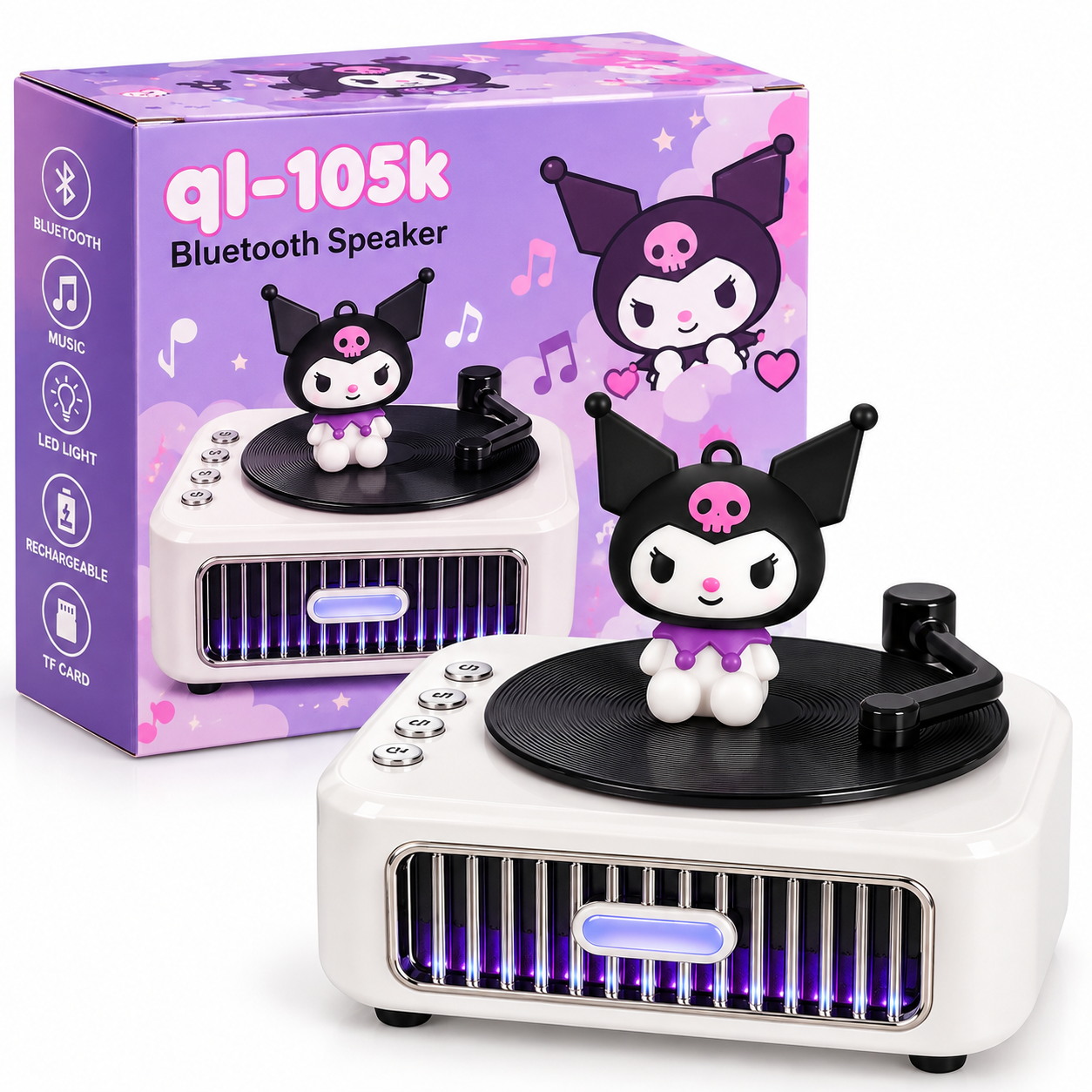 Parlante Bluetooth Portátil QL-105K Diseño Tocadiscos Kuromi con Luz y Batería Recargable