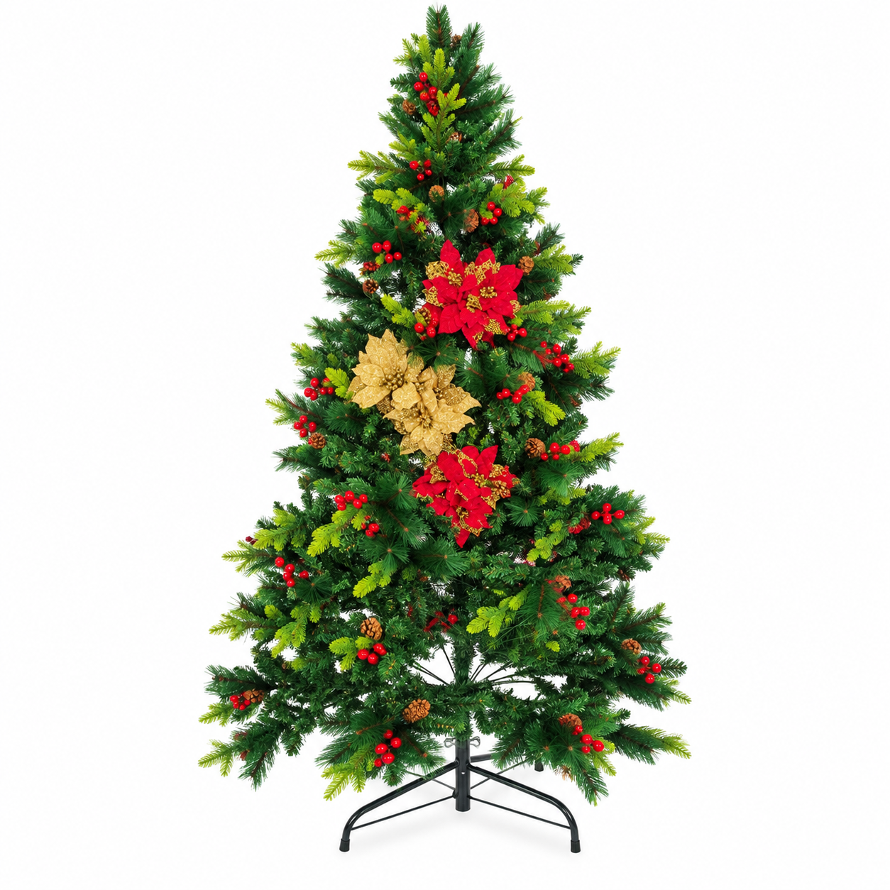 Árbol de Navidad Verde de 270 cm – Pino Navideño Artificial de 2.40 Metros con Piñas, Bayas Rojas y Ramas de Aspecto Natural