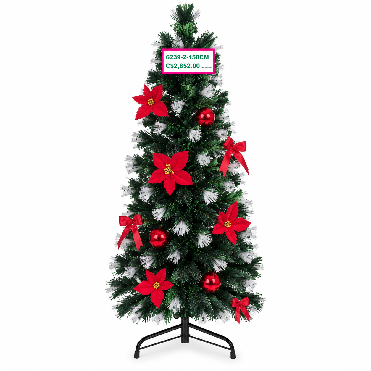 Árbol de Navidad Verde de 150 cm – Pino Navideño Artificial de 1.50 Metros con Puntas Blancas, Efecto Nevado y Decoración Roja