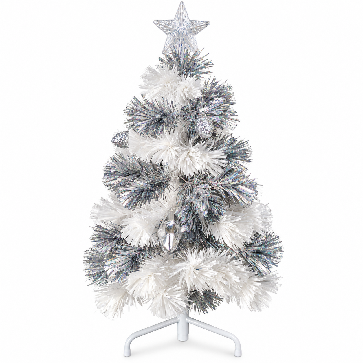 Árbol de Navidad Blanco y Plateado de 90 cm – Pino Navideño Artificial Pequeño Decorado con Adornos Plateados y Ramas Brillantes