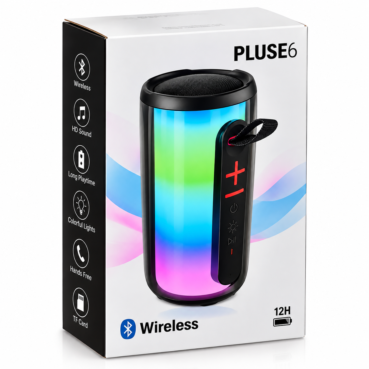 Parlante Bluetooth Portátil PLUSE6 con Luz RGB, Radio FM, TWS y Entrada para Micrófono