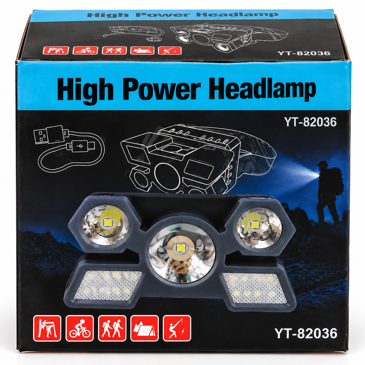 Lámpara Frontal Recargable YT-82036 de Alta Potencia con Múltiples Luces LED y Carga USB