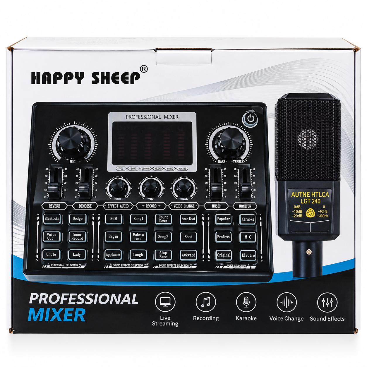 Kit Mezcladora de Voz Happy Sheep con Micrófono: Tarjeta de Sonido Externa, Bluetooth y Efectos