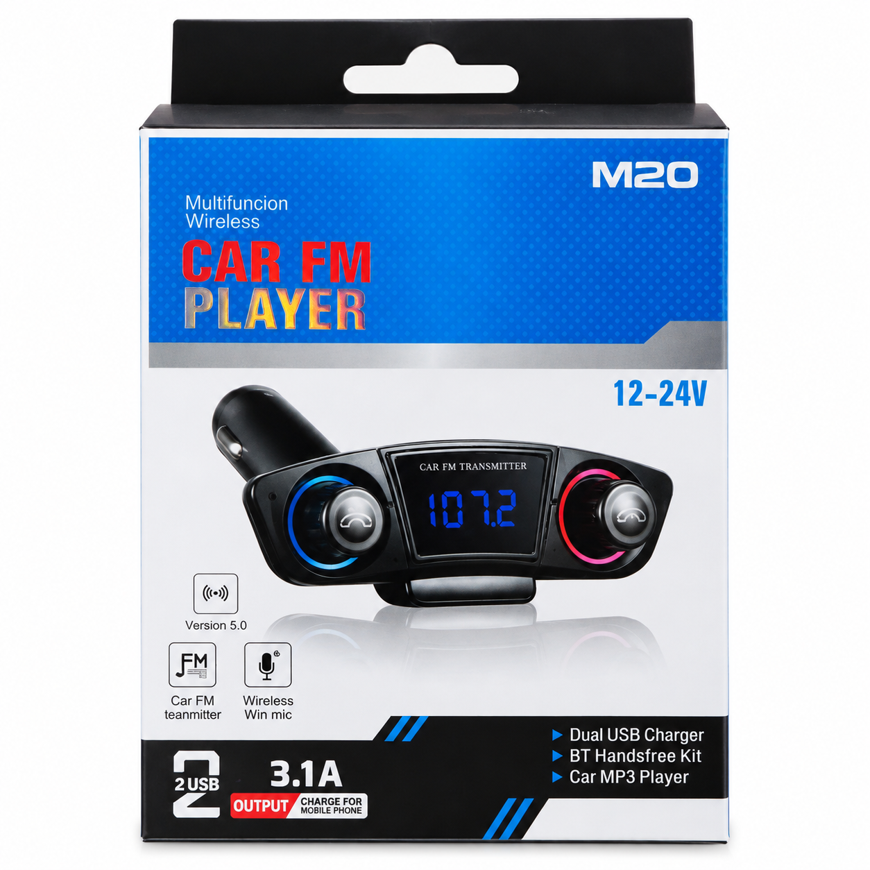 Transmisor FM Bluetooth para Carro M20 con Manos Libres, Cargador USB Doble y Reproductor MP3