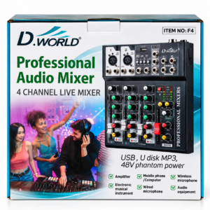 Consola Mezcladora de Audio Profesional D.World 4 Canales (Mixer) con USB, MP3 y Phantom 48V