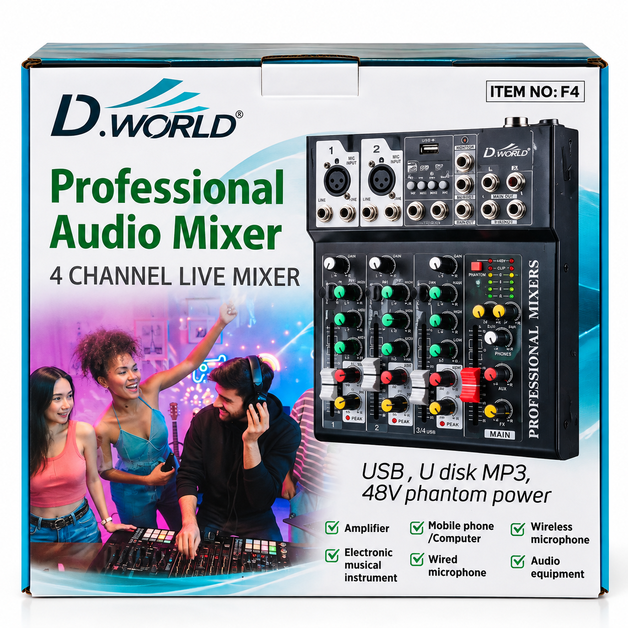 Consola Mezcladora de Audio Profesional D.World 4 Canales (Mixer) con USB, MP3 y Phantom 48V