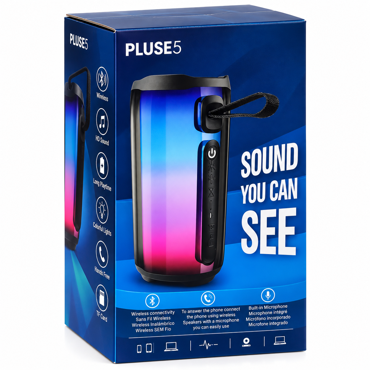 Parlante Bluetooth Portátil PLUSE5 con Luz RGB, Micrófono Integrado y Manos Libres