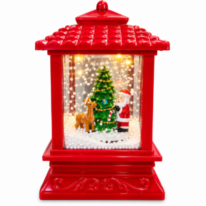 Farol Navideño Rojo Santa Claus / Papá Noel con Reno y Árbol de Navidad – Linterna Decorativa con Efecto Nieve