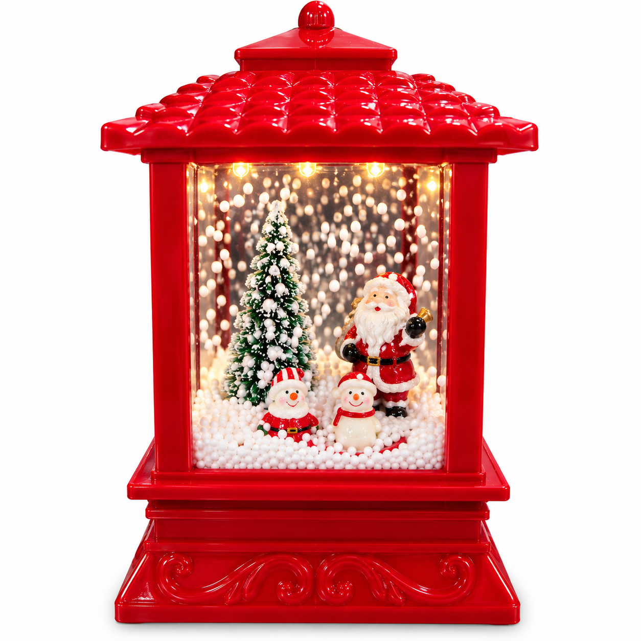 Farol Navideño Rojo Santa Claus / Papá Noel con Muñecos de Nieve y Árbol de Navidad – Linterna Decorativa con Efecto Nevada