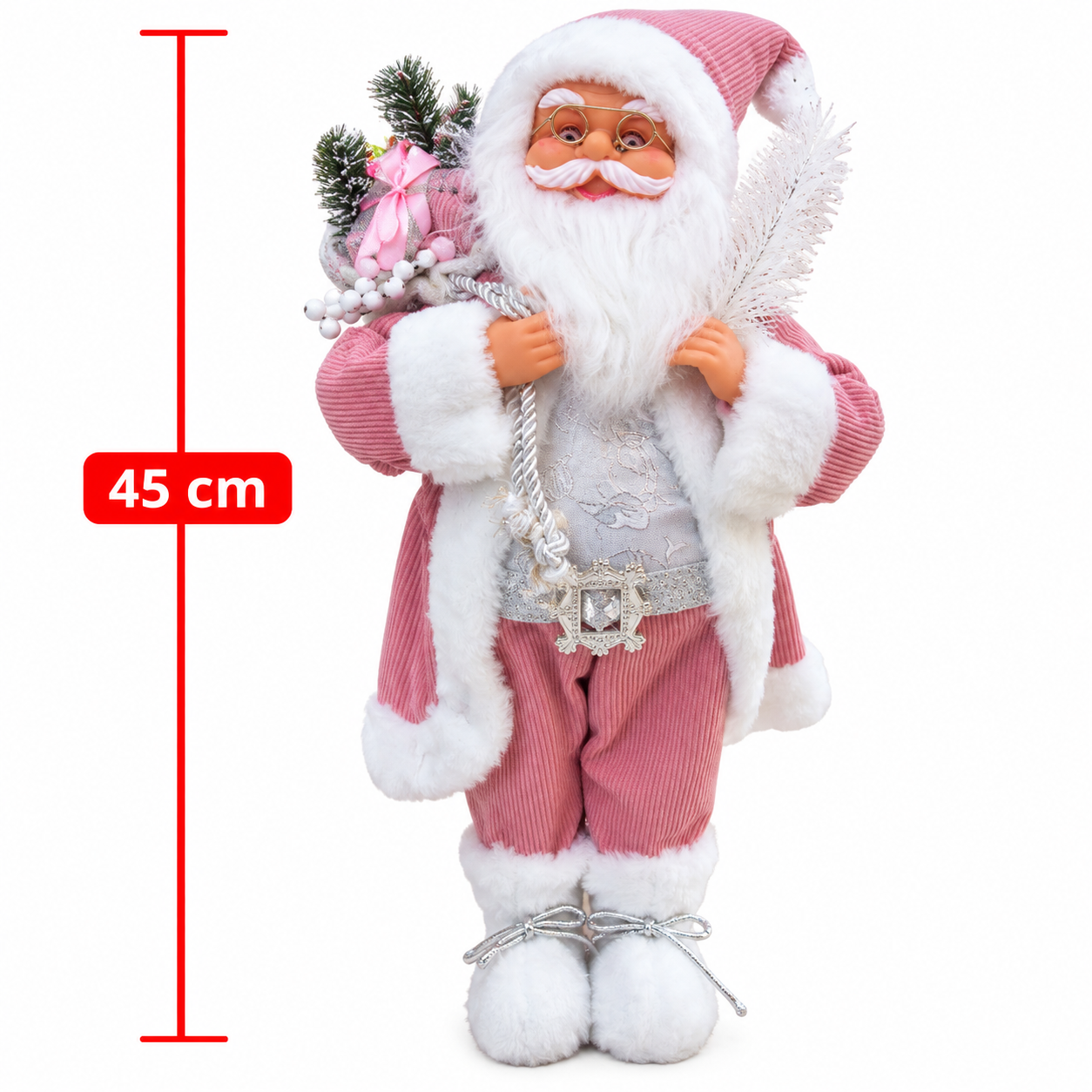 Figura de Santa Claus rosado de 45 cm / Papá Noel decorativo con árbol y saco de regalos