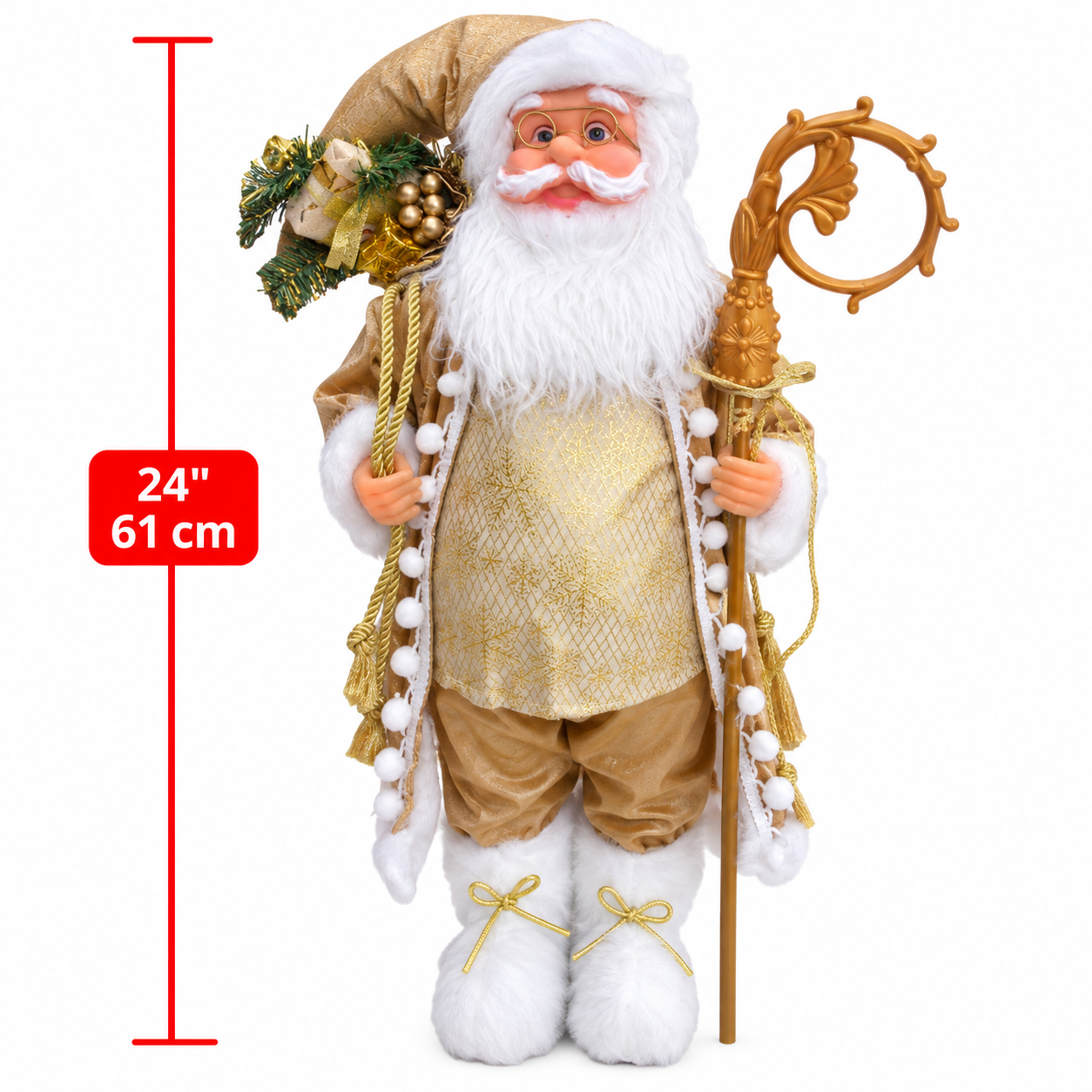 Figura de Papá Noel dorado con báculo de 24 pulgadas / Santa Claus decorativo