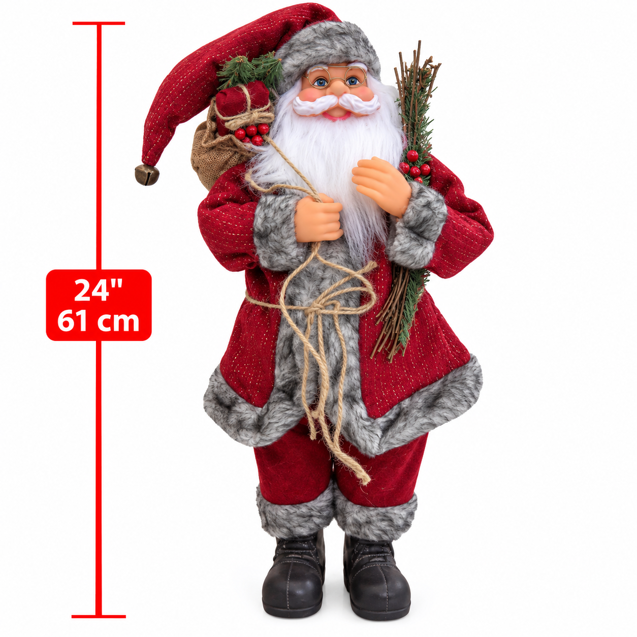 Figura de Papá Noel rojo con gris de 24 pulgadas / Santa Claus decorativo con saco de regalos
