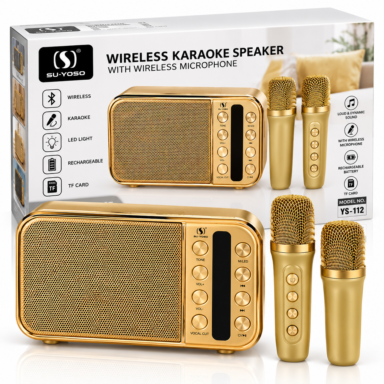 Parlante Karaoke Bluetooth YS-112 con 2 Micrófonos Inalámbricos, Luz RGB, USB, MicroSD y AUX