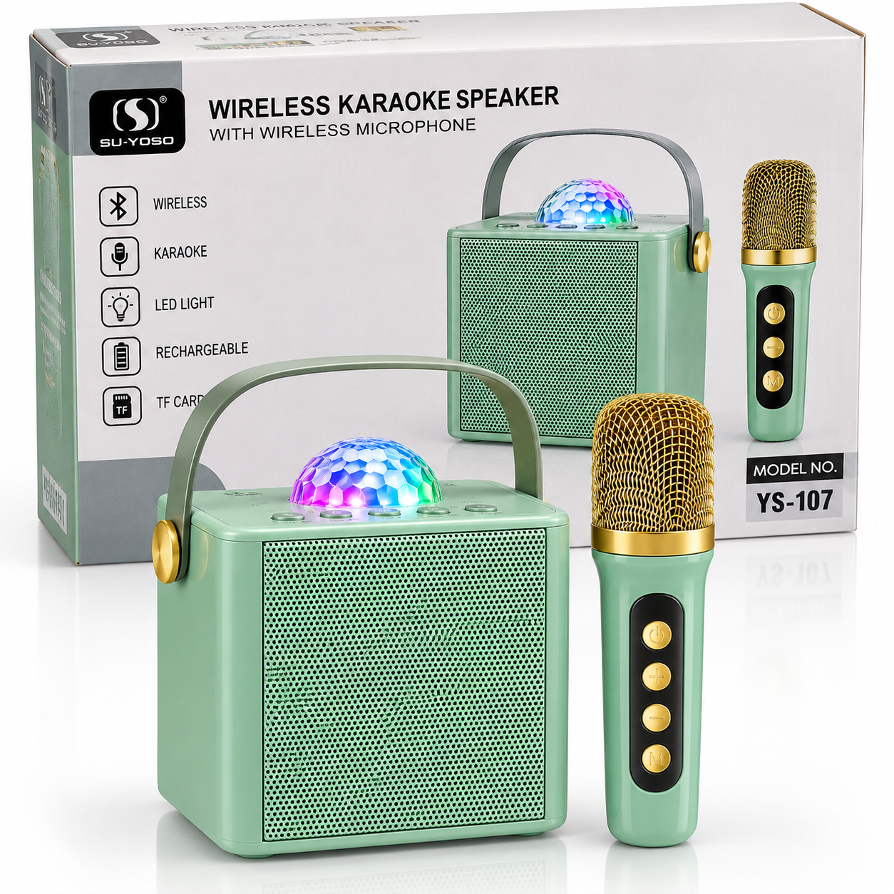 Parlante Karaoke Bluetooth YS-107 con Micrófono Inalámbrico, Luz RGB, USB y MicroSD